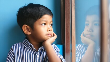 An Indian 5 years old boy with a thinking expression on his face in front of the blue background