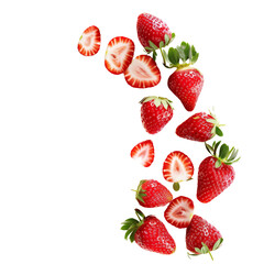 A collection of fresh strawberries in various states of being sliced, floating against a white backdrop