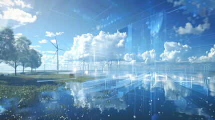 A blue sky with a few clouds and a wind farm in the background