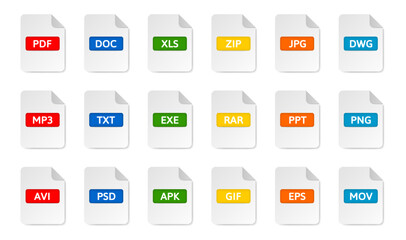 File type icons. Pdf, doc and xls document formats. Zip and jpg file extensions. Mp3, txt, exe, rar and gif files. Avi, mov, apk, eps and png file icons. Dwg drawing, ppt presentation