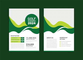 Indoor golf tournament double flyer template. Worlds best golf double flyer design. Indoor golf court tools and equipment design ideas graphic design. EPS vector illustration.