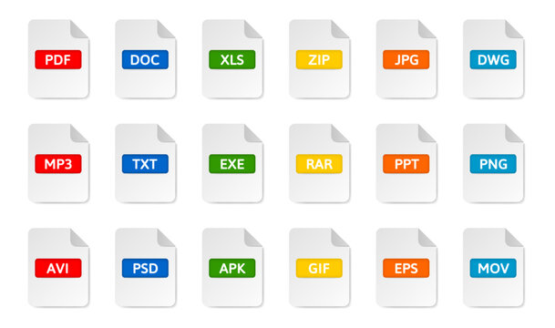 File type icons. Pdf, doc and xls document formats. Zip and jpg file extensions. Mp3, txt, exe, rar and gif files. Avi, mov, apk, eps and png file icons. Dwg drawing, ppt presentation