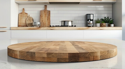 Empty beautiful round wood tabletop counter on interior in clean and bright kitchen background