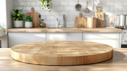Empty beautiful round wood tabletop counter on interior in clean and bright kitchen background