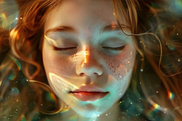 An ethereal depiction of a girl with her eyes closed, psychic waves radiating outwards, connecting her thoughts with the universes mysteries. AI generated