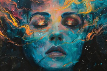 An abstract painting of a girl with psychic waves emanating from her, her eyes reflecting galaxies, suggesting her deep connection with the cosmos. AI generated
