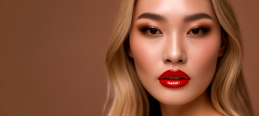 Fototapeta premium Close-up portrait of a beautiful young female model. Perfect for cosmetic products. Isolated on brown background. Customizable blank copy Space for text and branding