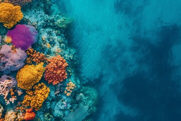 A vibrant aerial shot of a coral reef, with the vivid colors and textures seen from above indicating a healthy and diverse underwater ecology. AI generated