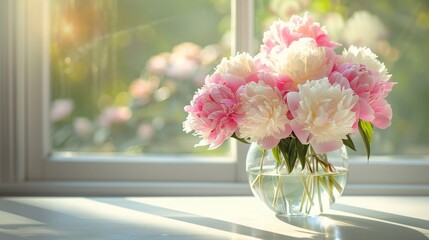 Early morning sun shining on pink and white peonies in a glass vase, placed on a white table near a white window. AI generated