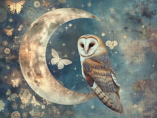 Enchanting night sky background with owl, mystic moon, galaxy. AI generated