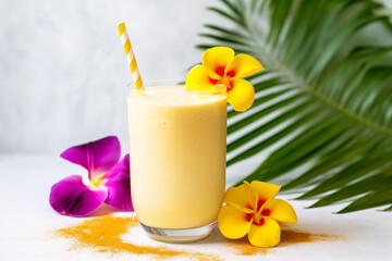 Simple long glass of bright juice, milkshake, milk smoothie, cocktail with eco drinking straw and summer theme decoration made of exotic flowers