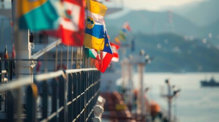The tankers flags flutter in the wind representing the country of its origin and destination.