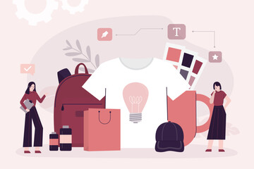 Female client and designer talking about making various company products with brand logo. Custom design clothes for marketing. Creating merch for advertising campaign.