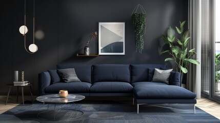 Dark blue sofa and recliner chair in scandinavian apartment. Interior design of modern living room. Created with generative