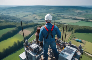 An electrician at a high altitude performs work on installing a power line.