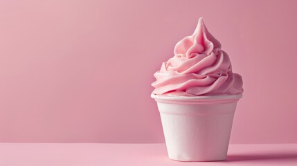 Delicious pink soft serve ice cream in a white cup against a pastel pink background. Sweet dessert treat for any occasion.