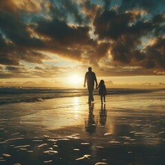 A man and a little girl are walking on a beach at sunset generated by AI