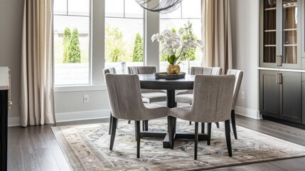 a dining room with black steel table soft tone curved back chairs swirling light . generative ai