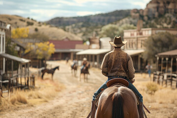 Generative AI picture Portrait of wild west retro movie western city town with cowboys and cowgirls and horses