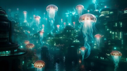 An underwater metropolis bustling with AI-driven marine life, illuminated by the soft glow of luminescent jellyfish. 32k, full ultra HD, high resolution