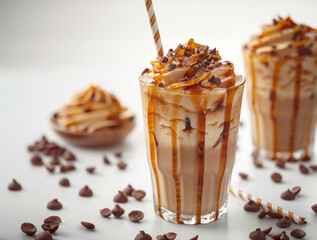 summer beverage display, refreshing midday pick-me-up iced caramel frappe with caramel syrup cascading down the glass, presented on a white background