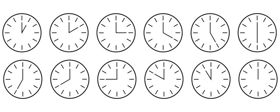 Set of clocks icon vector for every hour, linear style clock icon set, time and clock line icons isolated on white background.