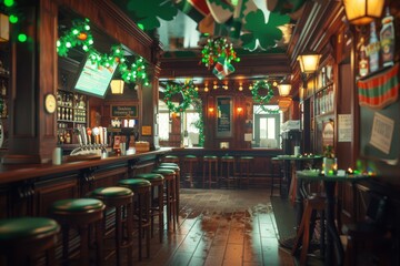 Experience the vibrant atmosphere of a traditional Irish pub decorated with St. Patrick's Day ornaments, radiating the joyous ambiance of the holiday celebration.