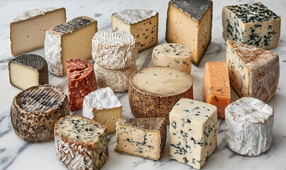 Cheeses, each piece uniquely textured, displayed on a white marble kitchen between the simplicity of the background  ,Generate AI