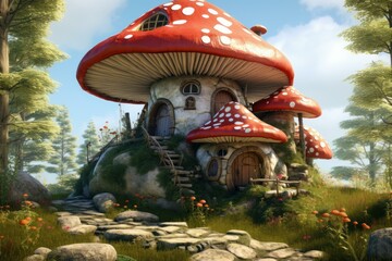 Magical 3d illustration of a whimsical mushroom house in a serene fantasy woodland
