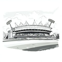 cricket stadium black  white illustration