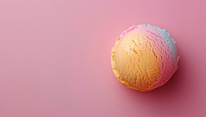 Close-up of a colorful ice cream scoop against a pink background. Perfect dessert concept for summer or sweet treat theme.