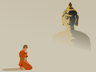 Buddhist monks kneel and worship Buddha statues.gray background