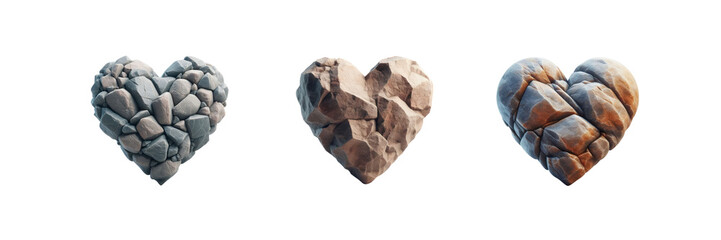 Set of Three heart shaped rock, isolated over on transparent white background