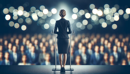 Woman Speaking at Podium in Front of Crowd