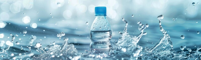Bottle of water that is falling into the water. Banner