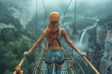 A girl walks along a suspension bridge over a mountain gorge with a belay holding the cable with her hands