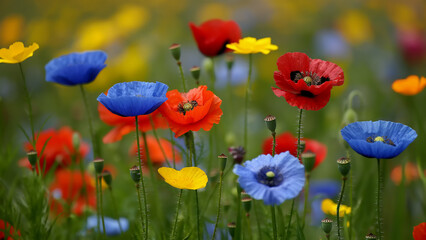 Nahaufnahme einer bunten Blumenwiese mit roten, blauen und gelben Mohnblumen im Sommer