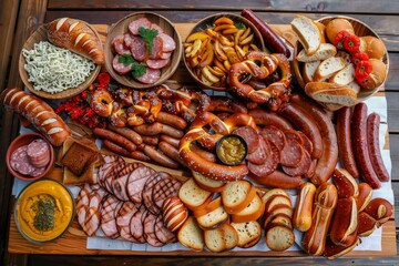 An overhead view of a rustic wooden table adorned with a tempting spread of traditional Austrian pretzels, sausages, and mustard, evoking the festive atmosphere of Oktoberfest in Austria.