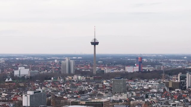 Cologne's iconic skyline and architecture view from a drone, with the Colonius Turm Koeln tower in the background