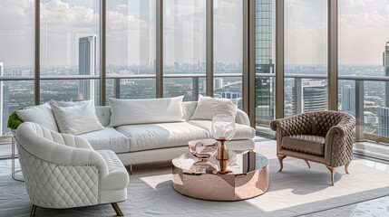 A high-rise luxury apartment living room with floor-to-ceiling glass walls, a sumptuous white linen sofa, and a contemporary rose gold coffee table