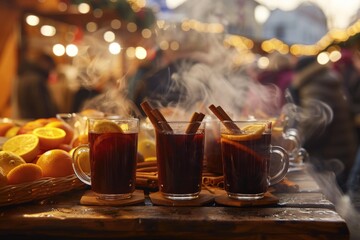 Experience the cozy ambiance of the Christmas Market in Austria with steaming mugs of mulled wine, adorned with cinnamon sticks and citrus slices.