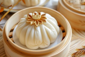 A close-up of a beautifully crafted traditional steamed bun adorned with a golden lotus pattern, symbolizing luck and prosperity, served during the Bun Festival in Hong Kong.