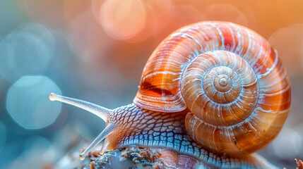 Amazing close up of a snail in the garden with a beautiful bokeh background. - Powered by Adobe