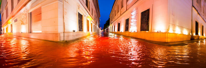 flood red water liquid street facade perspective by night