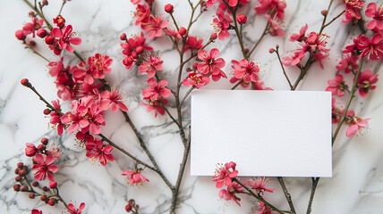 Horizontal empty card mockup with blooming white and red peony flowers. Overhead flat lay view of a blank white invitation stationery card with flowers. Horizontal empty card mockup,