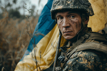 Obraz premium Generative AI illustration of serious young male soldier in protective uniform and ukrainian flag