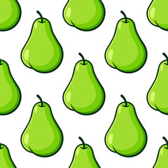 Pears vector seamless pattern. Green fruits with black outline on white background.