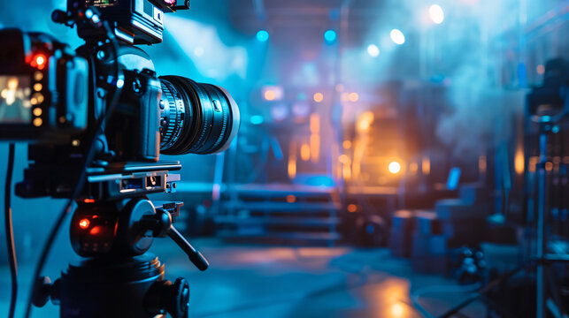 Professional camera recording live event. Professional video camera setup on a tripod capturing a concert or live music event, with blurred stage lights in the background.