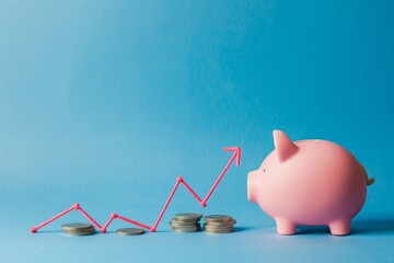 Declining stock graph with a broken piggy bank vibrant flat and clear backdrop ample text space contemporary graphic