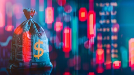 Technical chart with a money bag vibrant flat and clear backdrop ample text space modern design